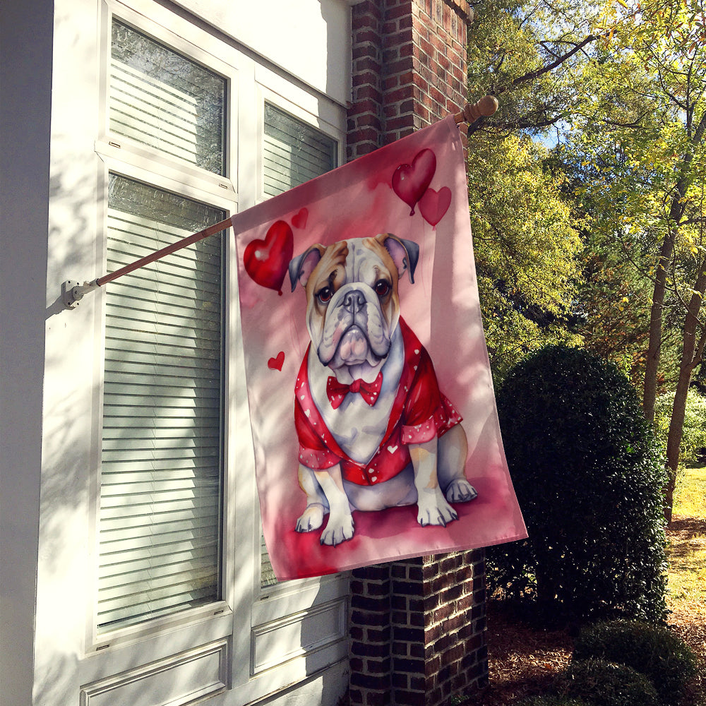 English Bulldog My Valentine House Flag 28x40 Porch Sleeve Pole Decorative Outside Yard Banner Artwork Wall Hanging, Polyester