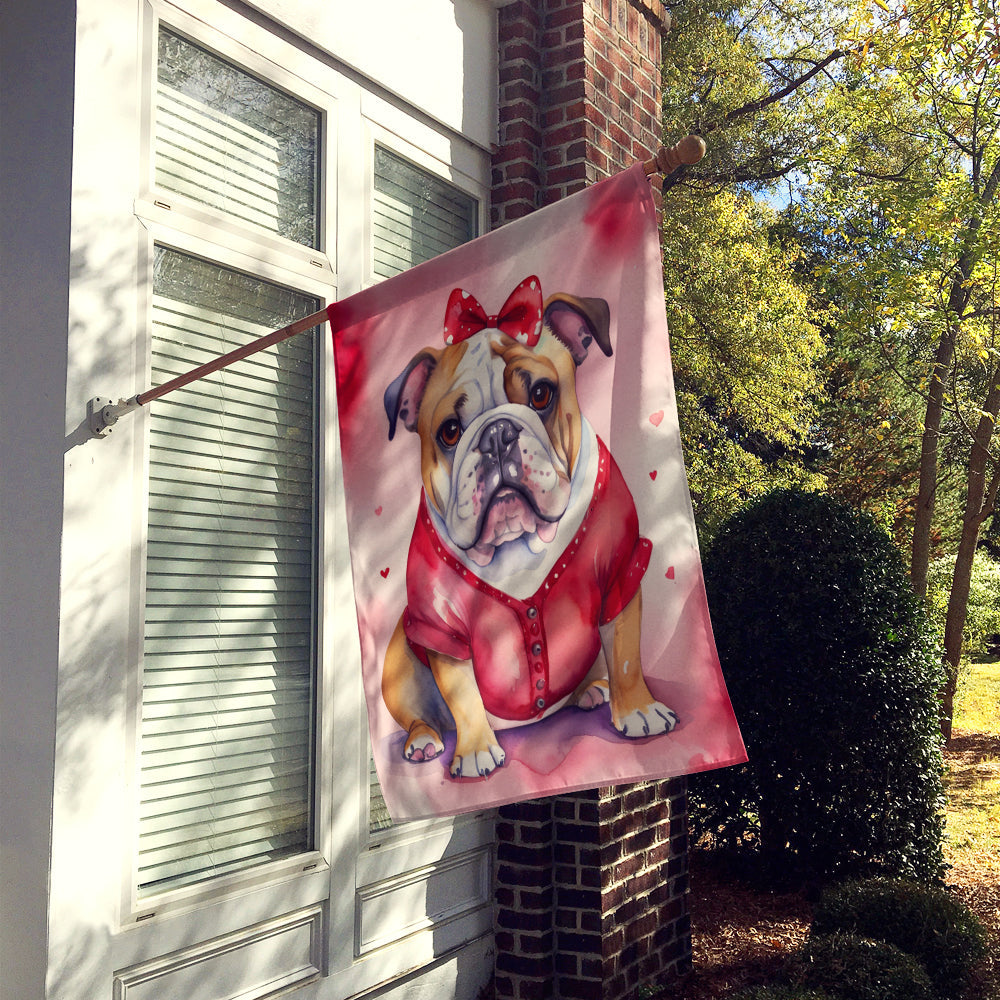 English Bulldog My Valentine House Flag 28x40 Porch Sleeve Pole Decorative Outside Yard Banner Artwork Wall Hanging, Polyester