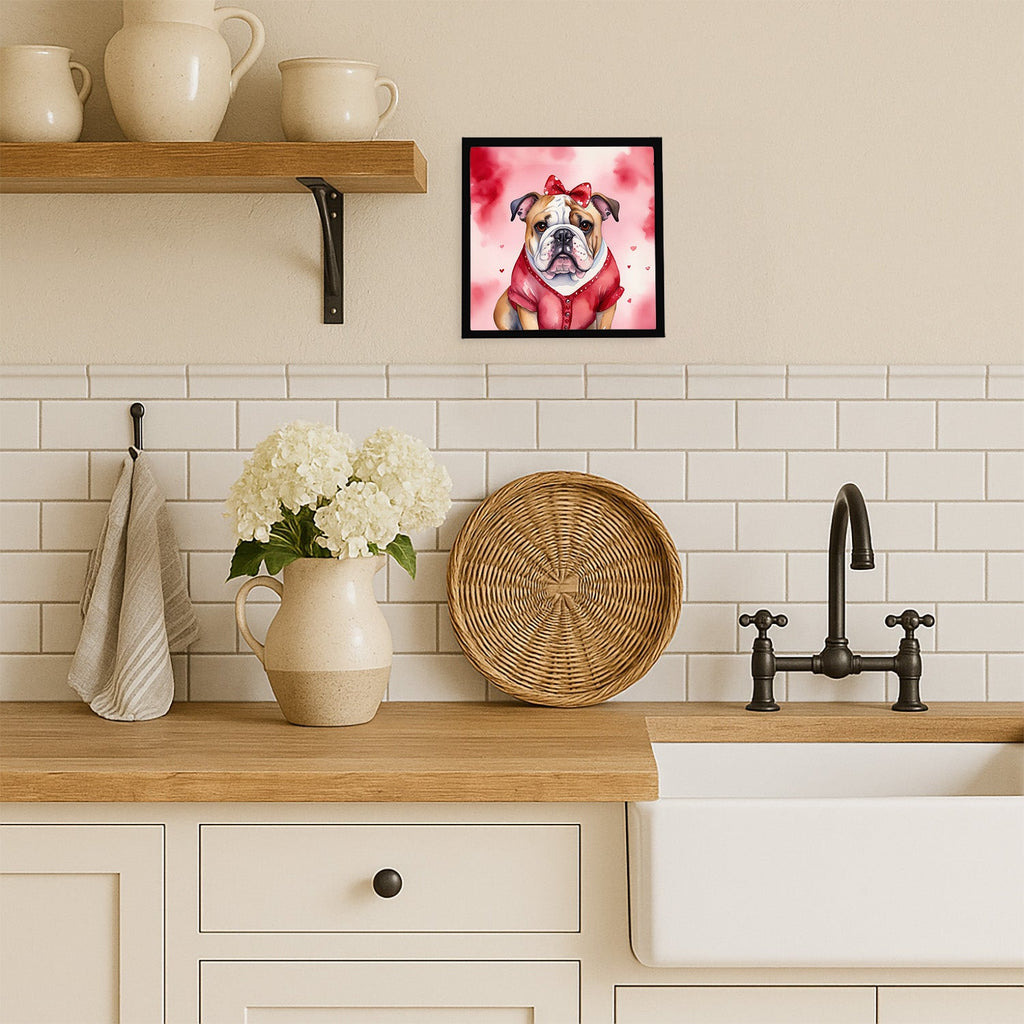 English Bulldog My Valentine Framed Metal Print Bathroom, Kitchen, Office, Home Decor Wall Art Ready to Hang, Square, 8X8