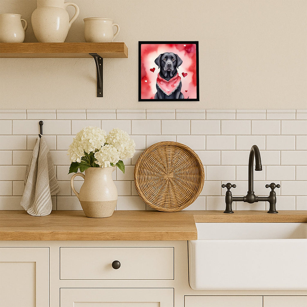 Black Labrador Retriever My Valentine Framed Metal Print Bathroom, Kitchen, Office, Home Decor Wall Art Ready to Hang, Square, 8X8