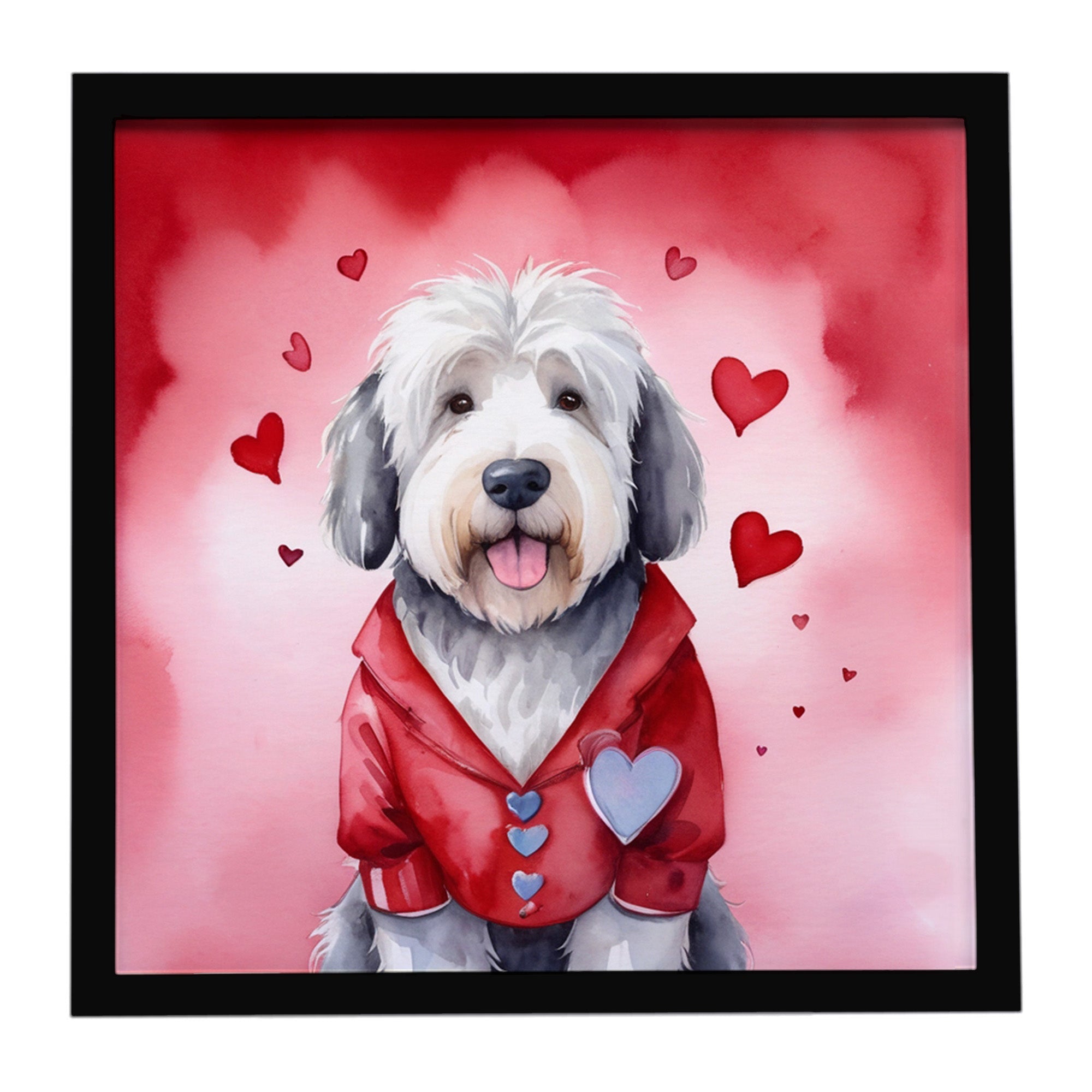 Old English Sheepdog My Valentine Framed Metal Print Bathroom, Kitchen, Office, Home Decor Wall Art Ready to Hang, Square, 8X8