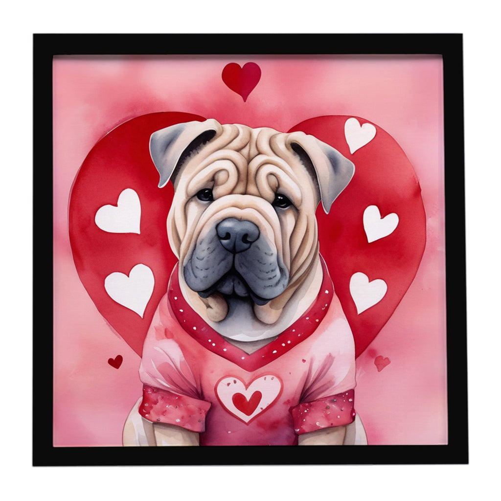Shar Pei My Valentine Framed Metal Print Bathroom, Kitchen, Office, Home Decor Wall Art Ready to Hang, Square, 8X8