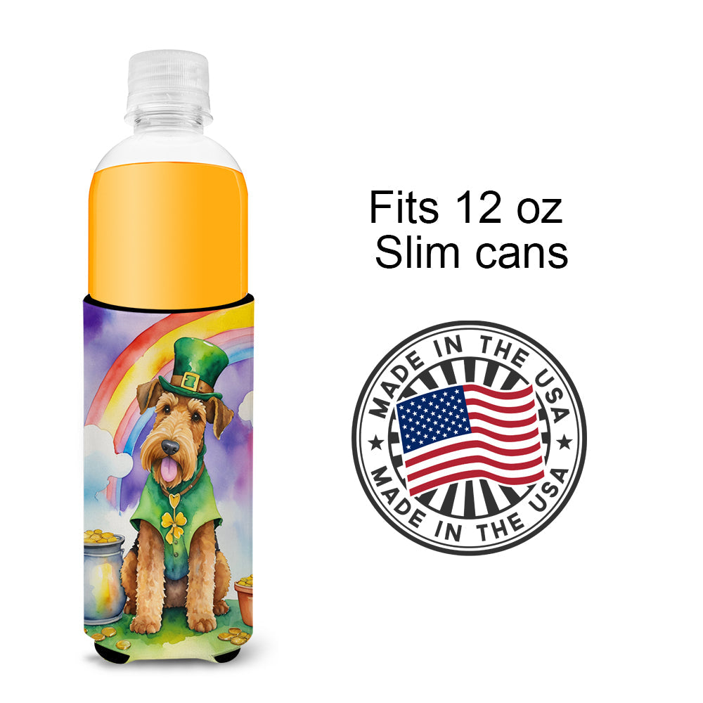 Airedale Terrier St Patrick's Day Slim Can Hugger , Insulated Foam Hugger for 12 oz Slim Cans, Beer Bottles & Water Bottles, Printed in USA