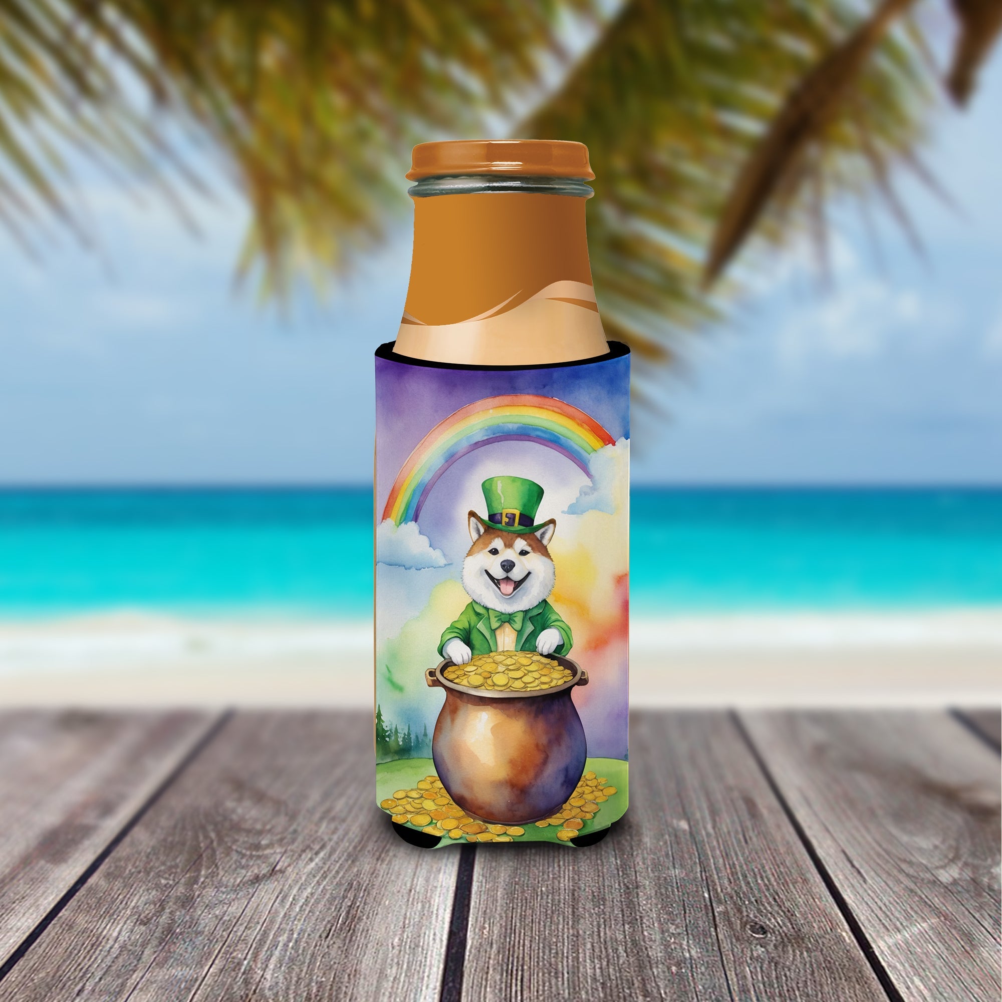 Akita St Patrick's Day Slim Can Hugger , Insulated Foam Hugger for 12 oz Slim Cans, Beer Bottles & Water Bottles, Printed in USA