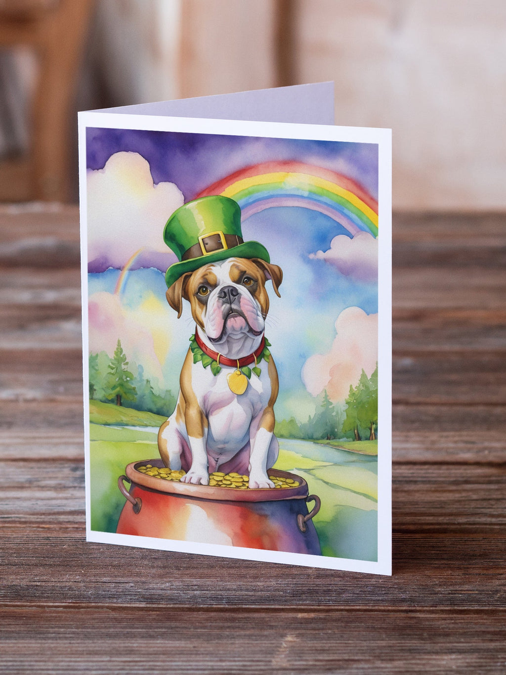 American Bulldog St Patrick's Day Greeting Cards Pack of 8 Blank Cards with Envelopes Whimsical A7 Size 5x7