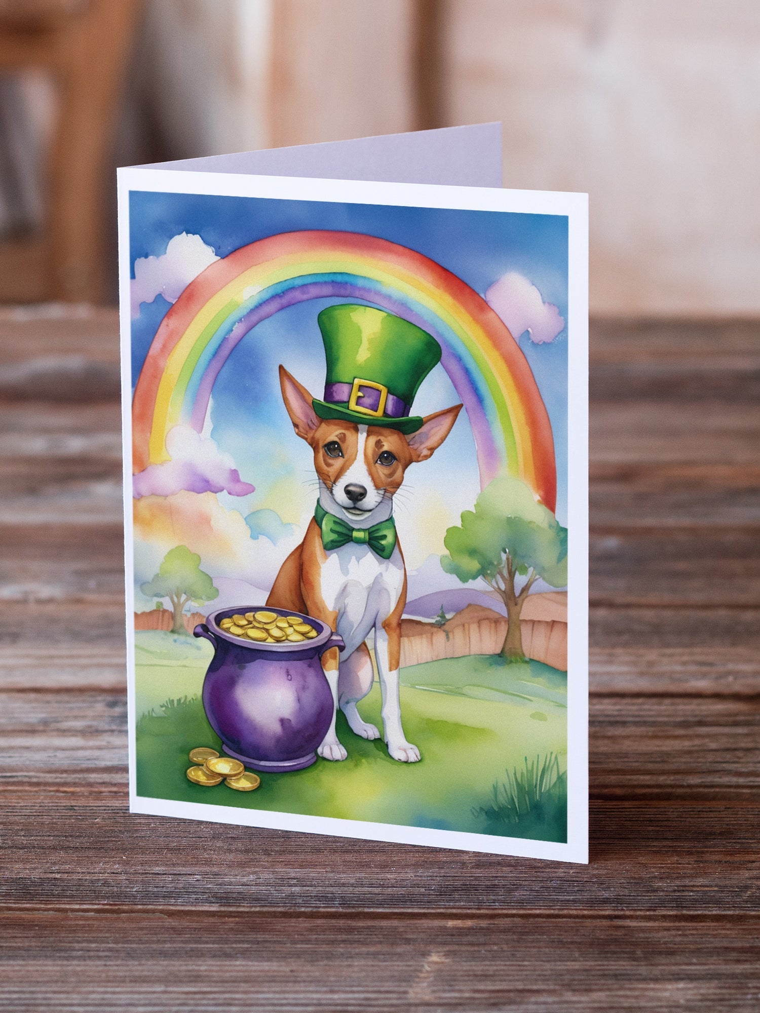 Basenji St Patrick's Day Greeting Cards Pack of 8 Blank Cards with Envelopes Whimsical A7 Size 5x7