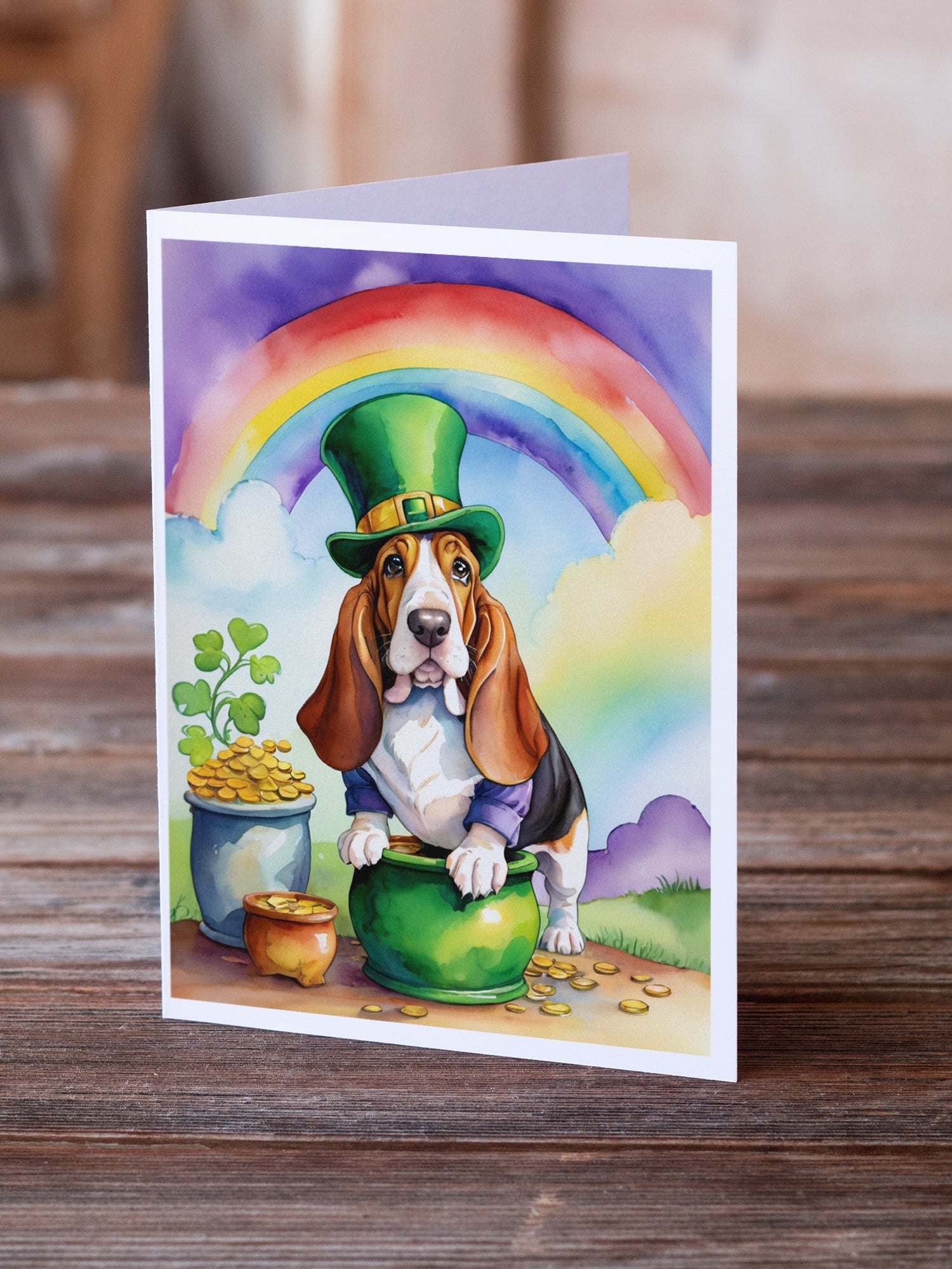 Basset Hound St Patrick's Day Greeting Cards Pack of 8 Blank Cards with Envelopes Whimsical A7 Size 5x7