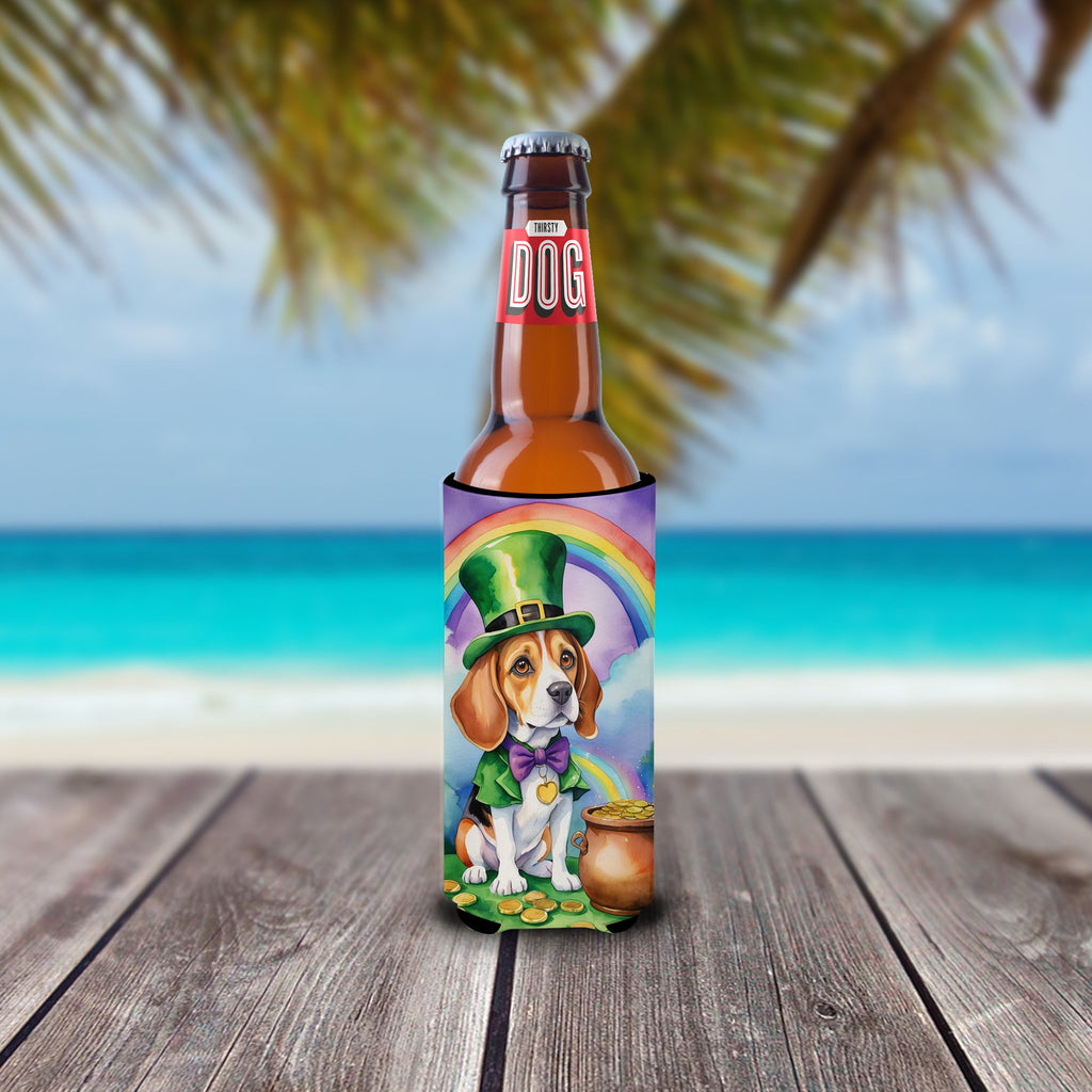 Beagle St Patrick's Day Slim Can Hugger , Insulated Foam Hugger for 12 oz Slim Cans, Beer Bottles & Water Bottles, Printed in USA