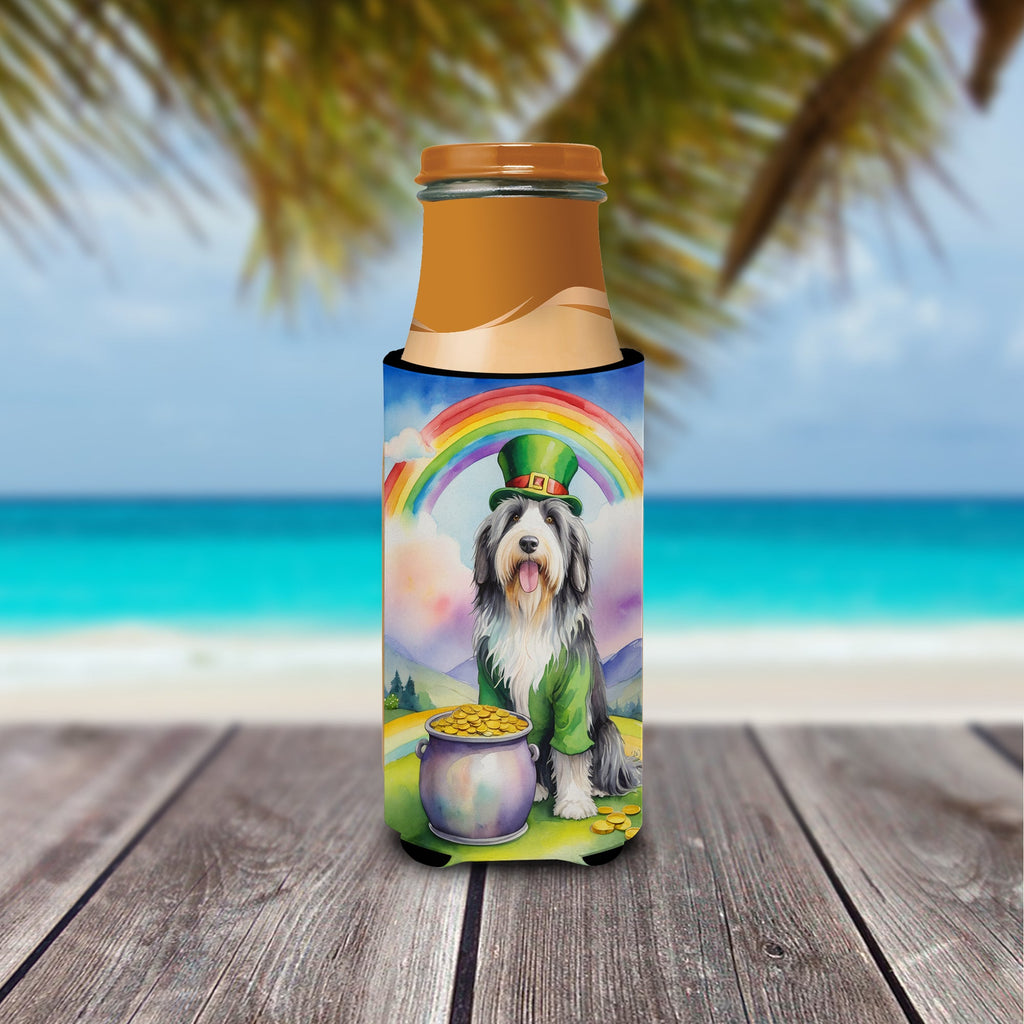 Bearded Collie St Patrick's Day Slim Can Hugger , Insulated Foam Hugger for 12 oz Slim Cans, Beer Bottles & Water Bottles, Printed in USA