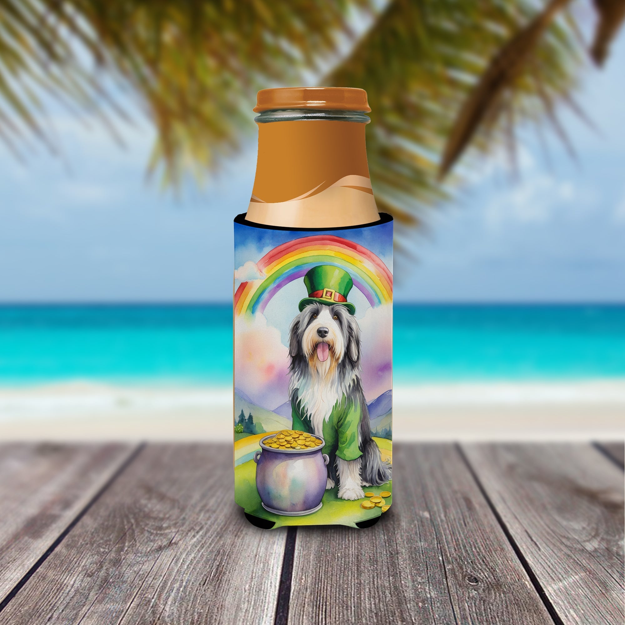 Bearded Collie St Patrick's Day Slim Can Hugger , Insulated Foam Hugger for 12 oz Slim Cans, Beer Bottles & Water Bottles, Printed in USA