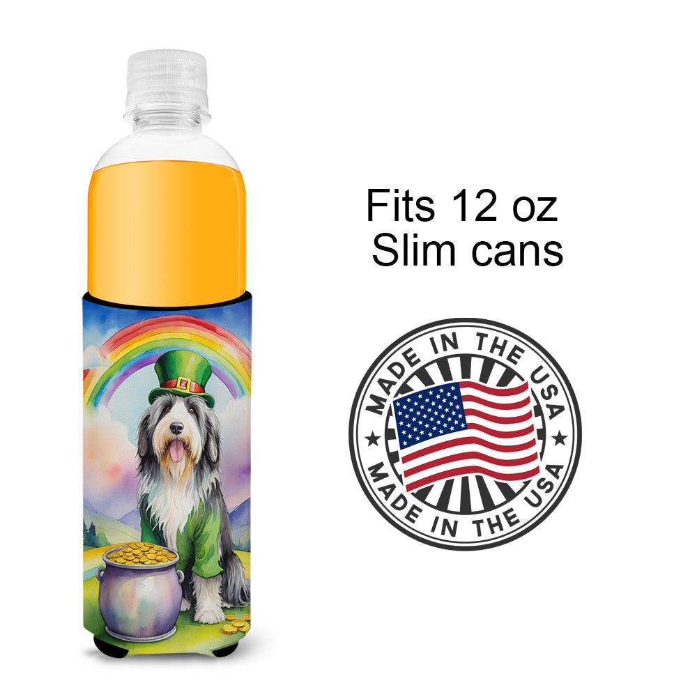 Bearded Collie St Patrick's Day Slim Can Hugger , Insulated Foam Hugger for 12 oz Slim Cans, Beer Bottles & Water Bottles, Printed in USA