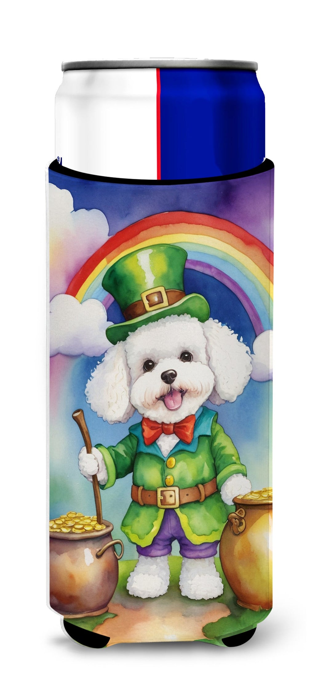 Bichon Frise St Patrick's Day Slim Can Hugger , Insulated Foam Hugger for 12 oz Slim Cans, Beer Bottles & Water Bottles, Printed in USA