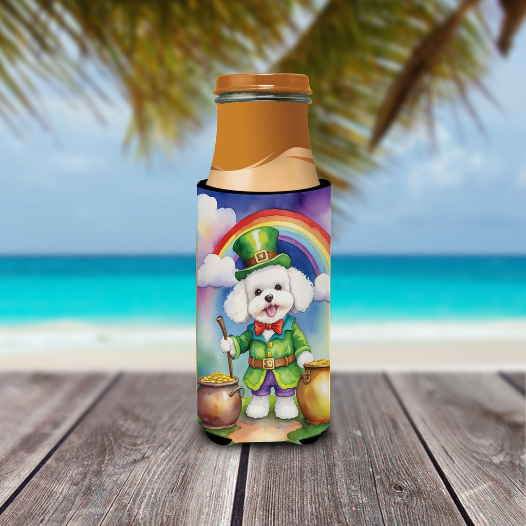 Bichon Frise St Patrick's Day Slim Can Hugger , Insulated Foam Hugger for 12 oz Slim Cans, Beer Bottles & Water Bottles, Printed in USA