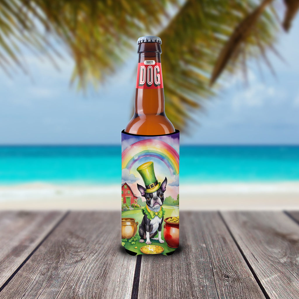 Boston Terrier St Patrick's Day Slim Can Hugger , Insulated Foam Hugger for 12 oz Slim Cans, Beer Bottles & Water Bottles, Printed in USA