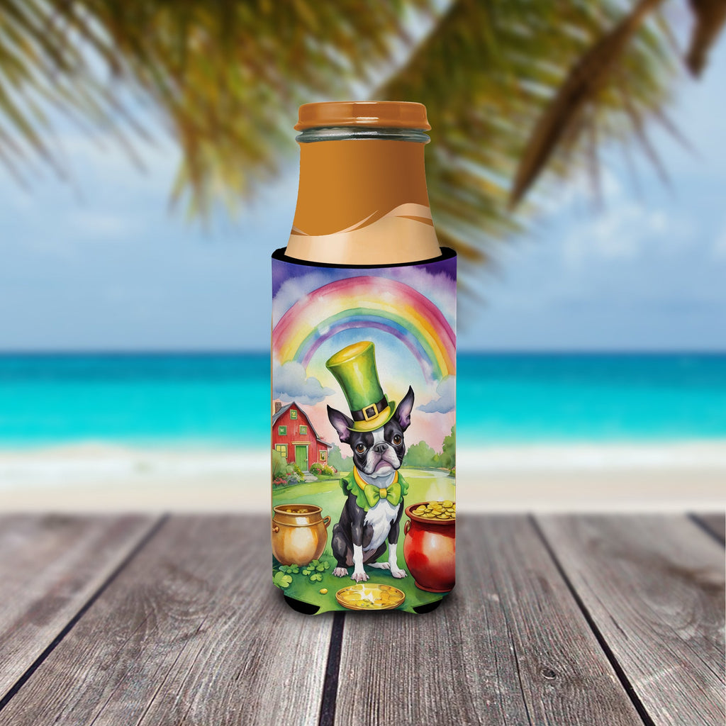 Boston Terrier St Patrick's Day Slim Can Hugger , Insulated Foam Hugger for 12 oz Slim Cans, Beer Bottles & Water Bottles, Printed in USA
