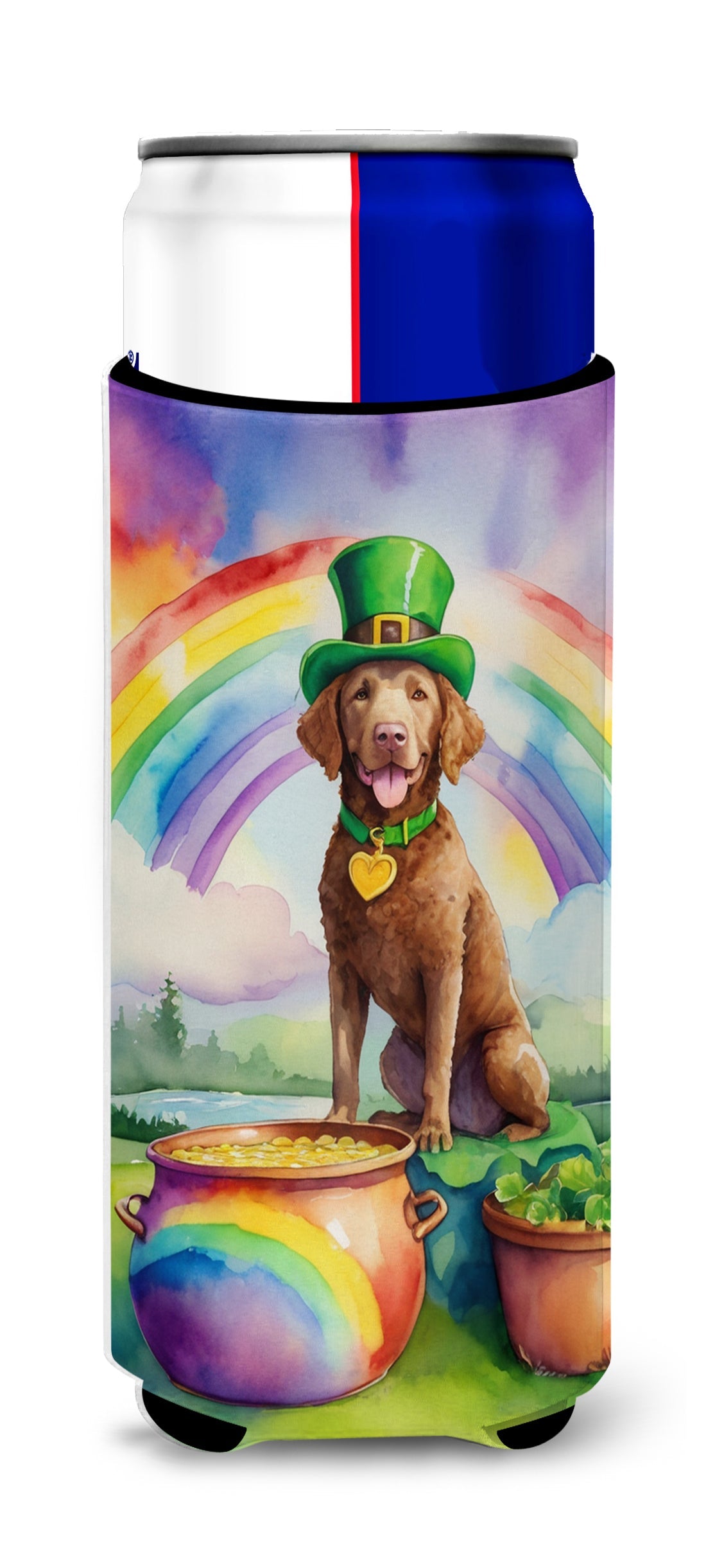Chesapeake Bay Retriever St Patrick's Day Slim Can Hugger , Insulated Foam Hugger for 12 oz Slim Cans, Beer Bottles & Water Bottles, Printed in USA