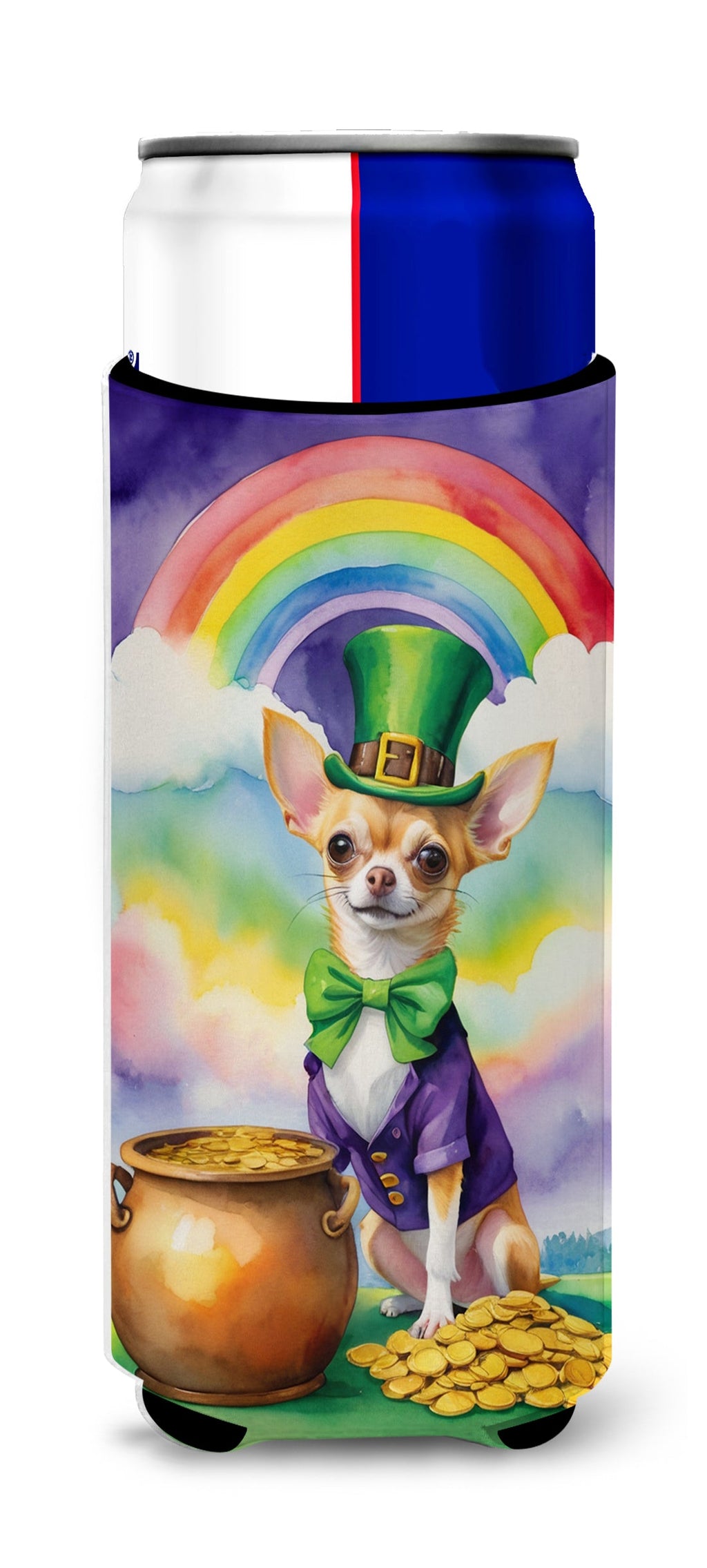 Chihuahua St Patrick's Day Slim Can Hugger , Insulated Foam Hugger for 12 oz Slim Cans, Beer Bottles & Water Bottles, Printed in USA