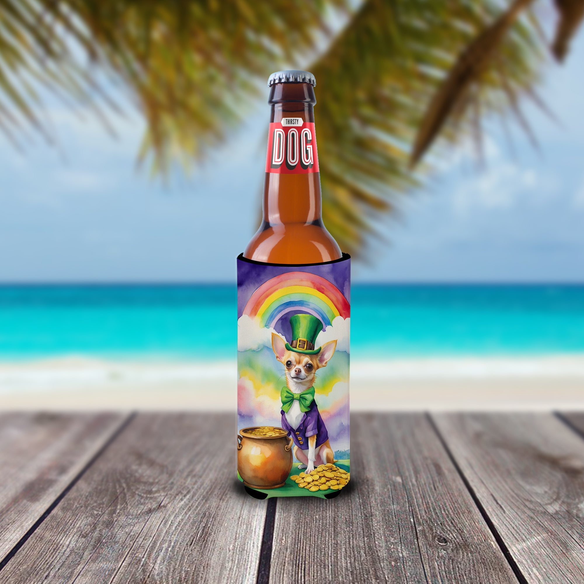 Chihuahua St Patrick's Day Slim Can Hugger , Insulated Foam Hugger for 12 oz Slim Cans, Beer Bottles & Water Bottles, Printed in USA