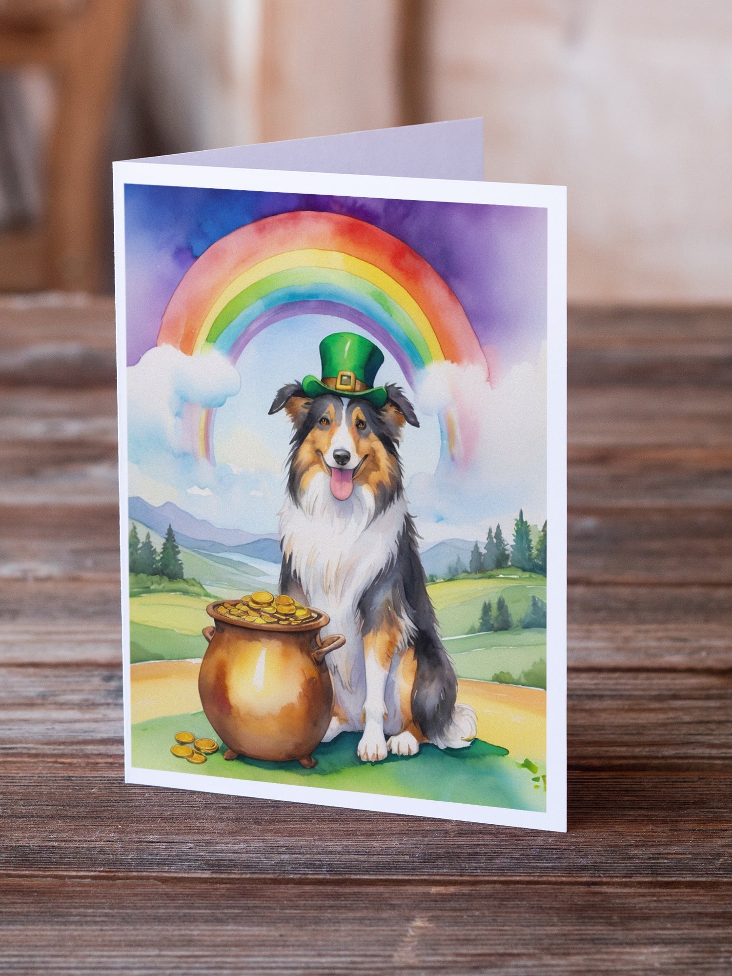 Collie St Patrick's Day Greeting Cards Pack of 8 Blank Cards with Envelopes Whimsical A7 Size 5x7