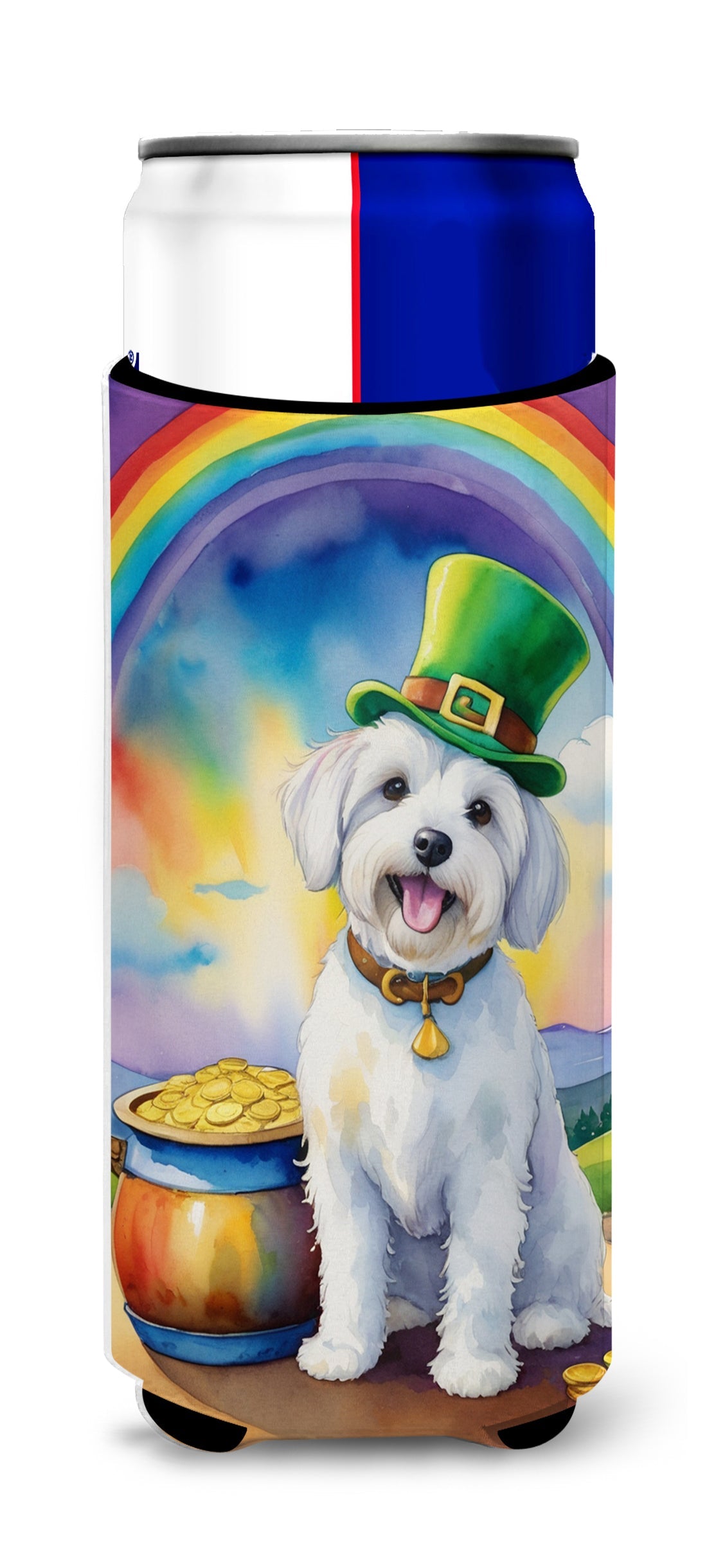Coton de Tulear St Patrick's Day Slim Can Hugger , Insulated Foam Hugger for 12 oz Slim Cans, Beer Bottles & Water Bottles, Printed in USA