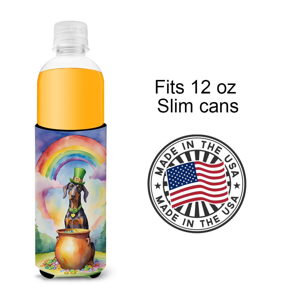 Doberman Pinscher St Patrick's Day Slim Can Hugger , Insulated Foam Hugger for 12 oz Slim Cans, Beer Bottles & Water Bottles, Printed in USA