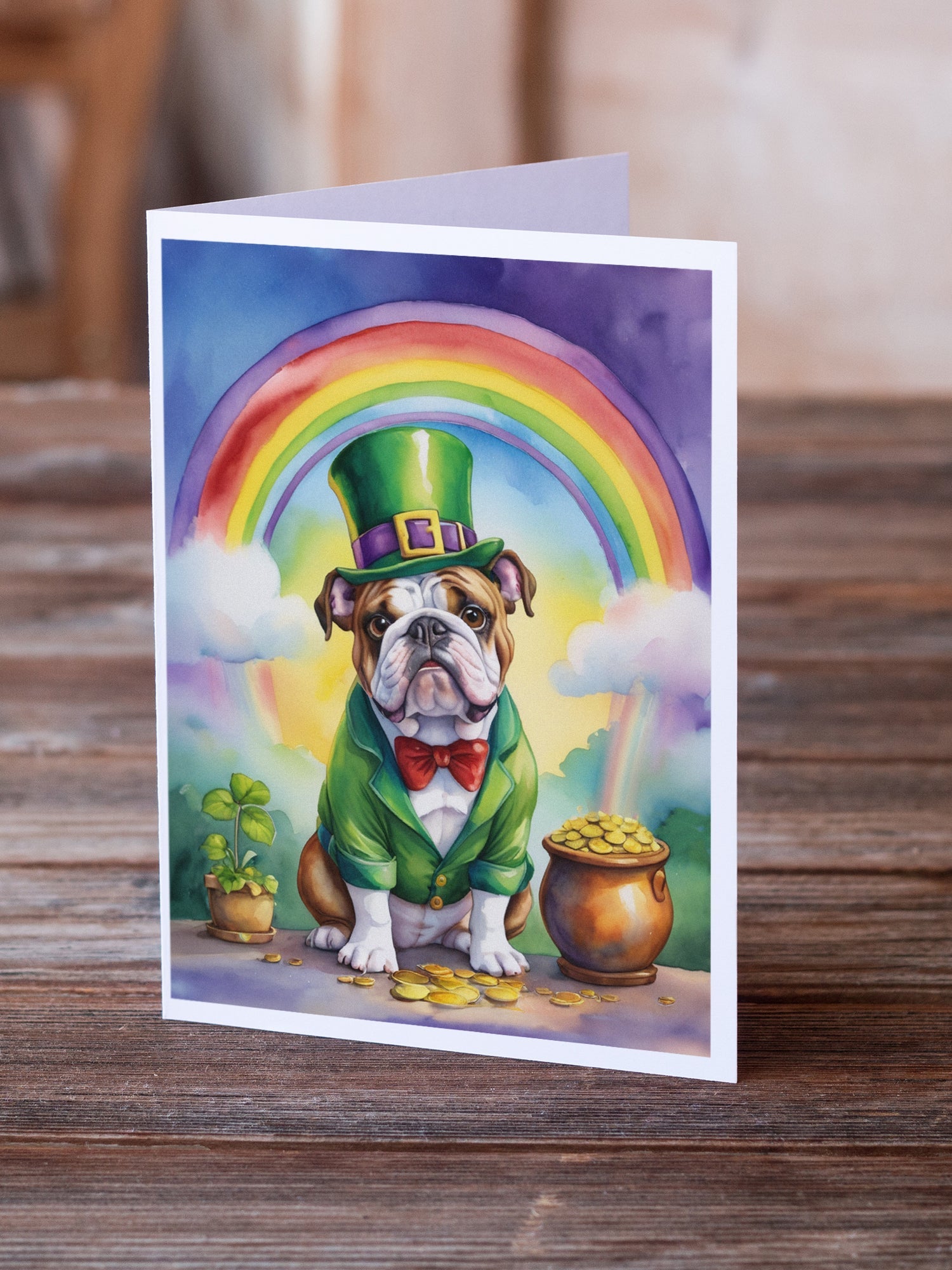 English Bulldog St Patrick's Day Greeting Cards Pack of 8 Blank Cards with Envelopes Whimsical A7 Size 5x7