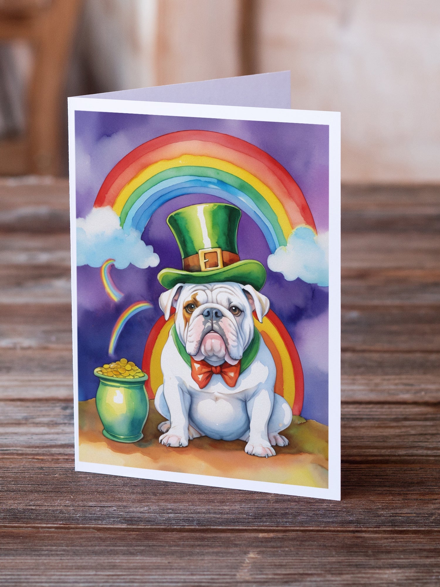English Bulldog St Patrick's Day Greeting Cards Pack of 8 Blank Cards with Envelopes Whimsical A7 Size 5x7