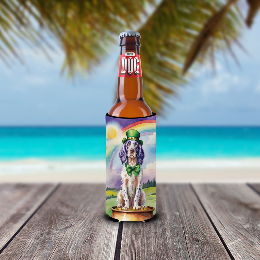 English Setter St Patrick's Day Slim Can Hugger , Insulated Foam Hugger for 12 oz Slim Cans, Beer Bottles & Water Bottles, Printed in USA