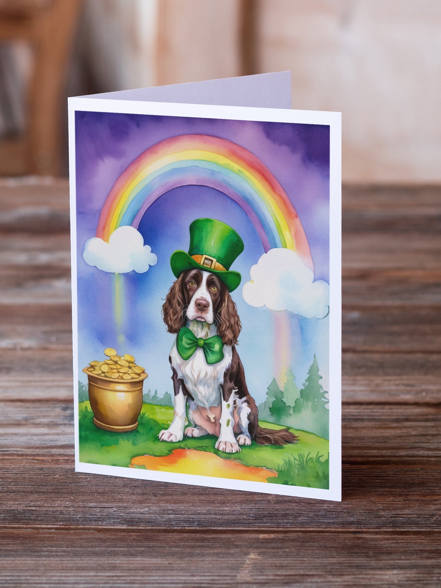 English Springer Spaniel St Patrick's Day Greeting Cards Pack of 8 Blank Cards with Envelopes Whimsical A7 Size 5x7