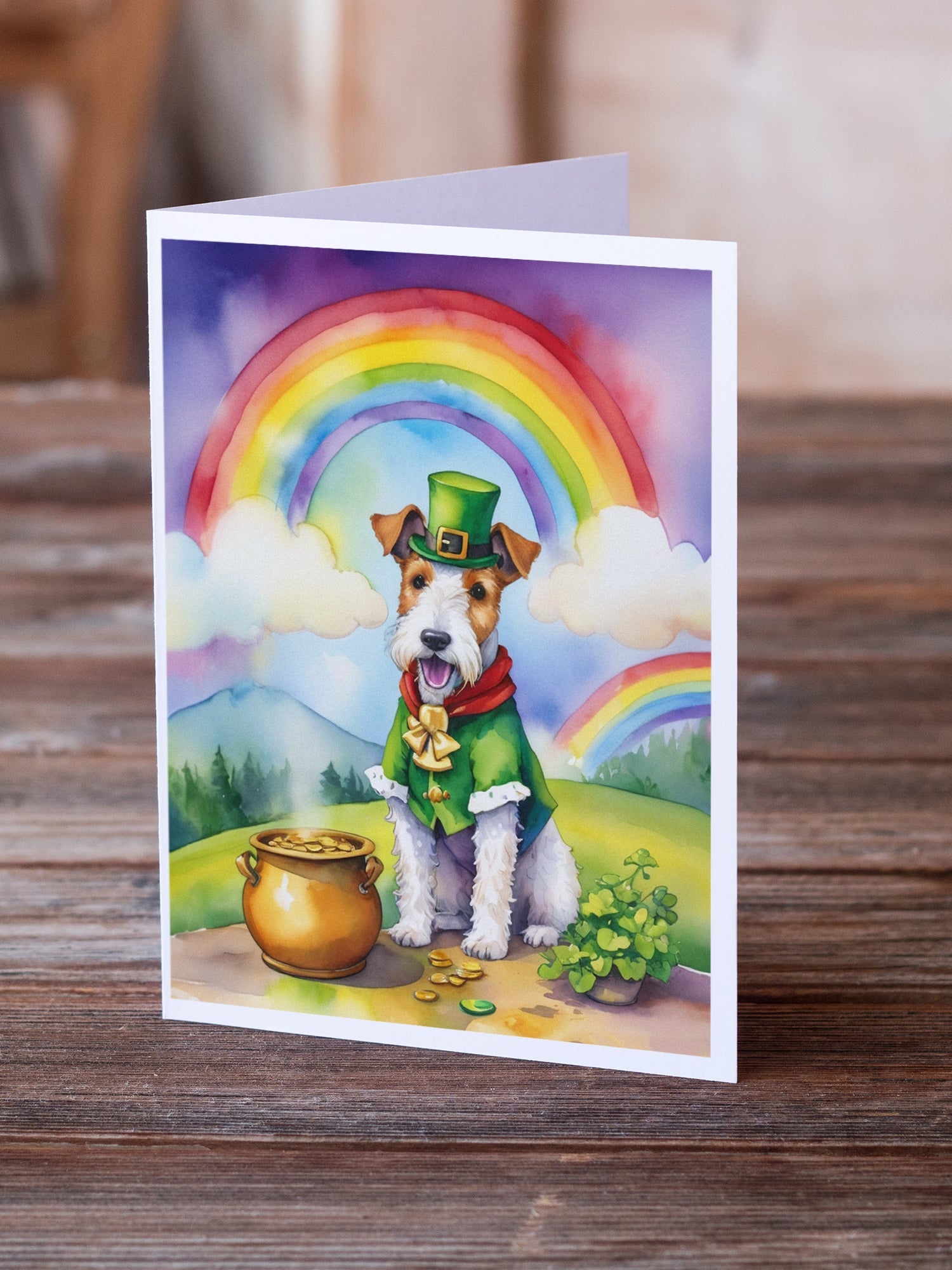 Fox Terrier St Patrick's Day Greeting Cards Pack of 8 Blank Cards with Envelopes Whimsical A7 Size 5x7