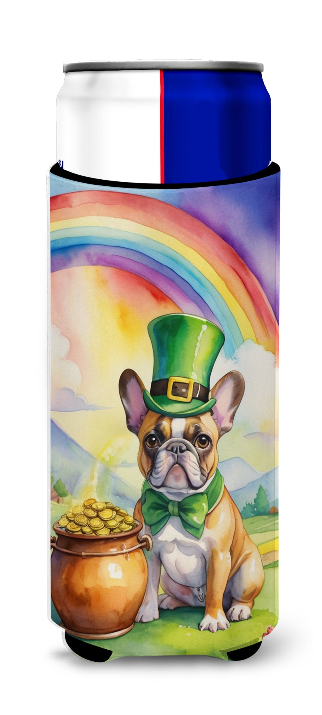 French Bulldog St Patrick's Day Slim Can Hugger , Insulated Foam Hugger for 12 oz Slim Cans, Beer Bottles & Water Bottles, Printed in USA