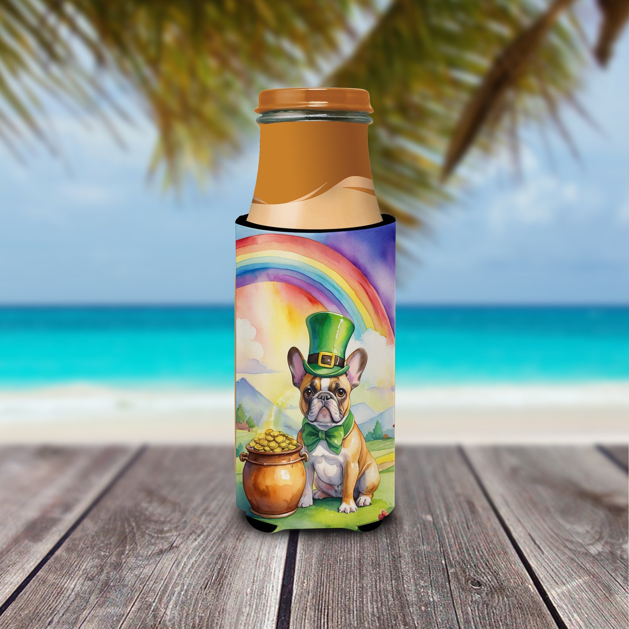 French Bulldog St Patrick's Day Slim Can Hugger , Insulated Foam Hugger for 12 oz Slim Cans, Beer Bottles & Water Bottles, Printed in USA