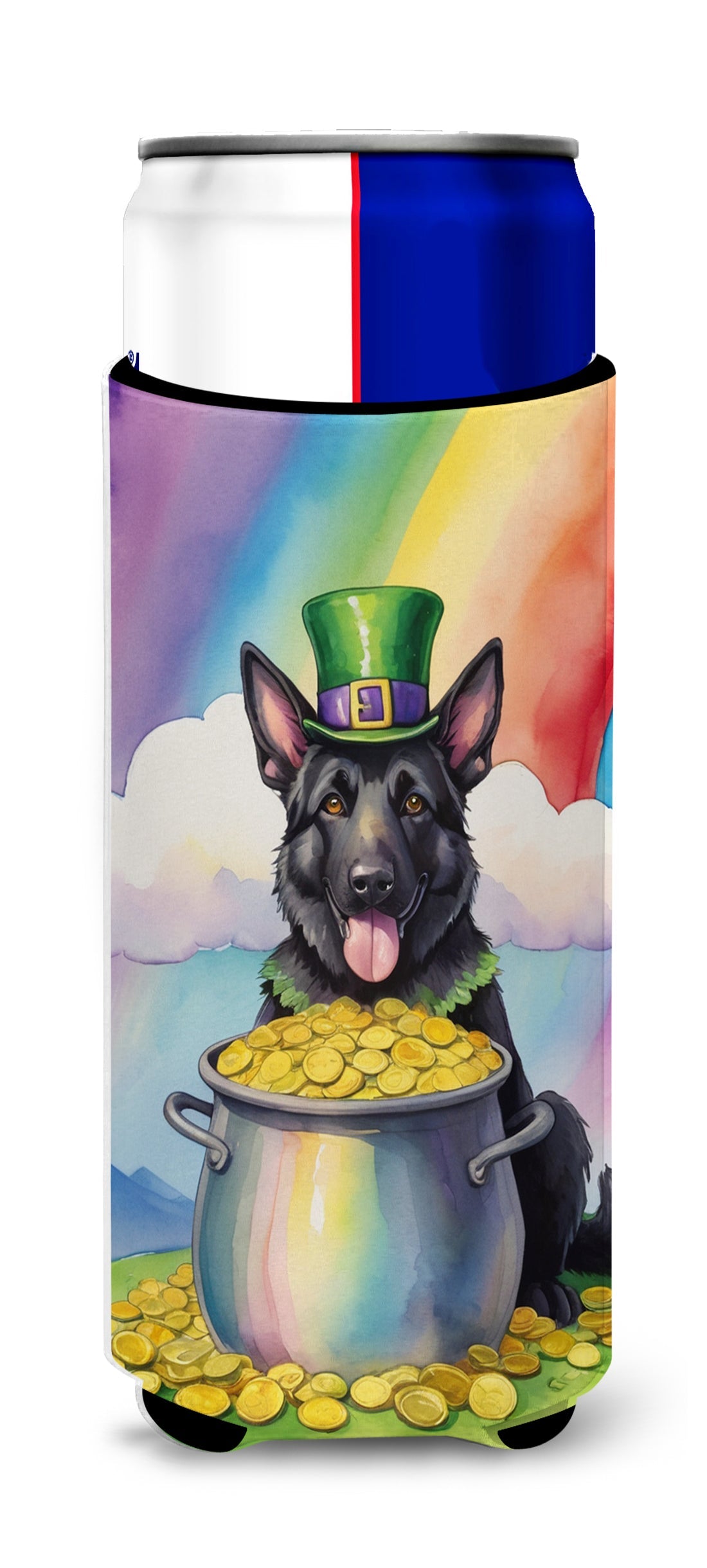 German Shepherd St Patrick's Day Slim Can Hugger , Insulated Foam Hugger for 12 oz Slim Cans, Beer Bottles & Water Bottles, Printed in USA
