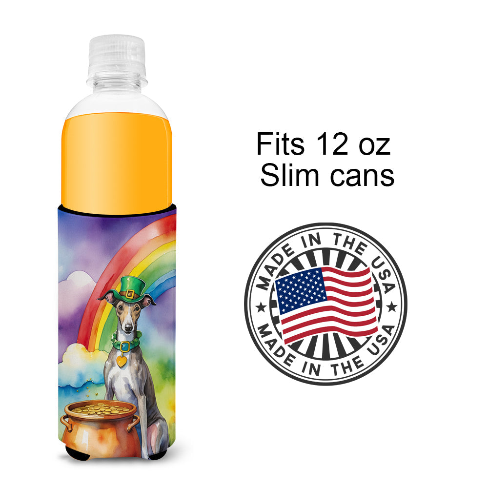 Greyhound St Patrick's Day Slim Can Hugger , Insulated Foam Hugger for 12 oz Slim Cans, Beer Bottles & Water Bottles, Printed in USA