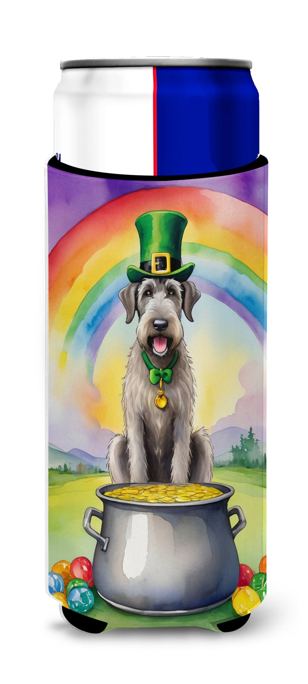Irish Wolfhound St Patrick's Day Slim Can Hugger , Insulated Foam Hugger for 12 oz Slim Cans, Beer Bottles & Water Bottles, Printed in USA