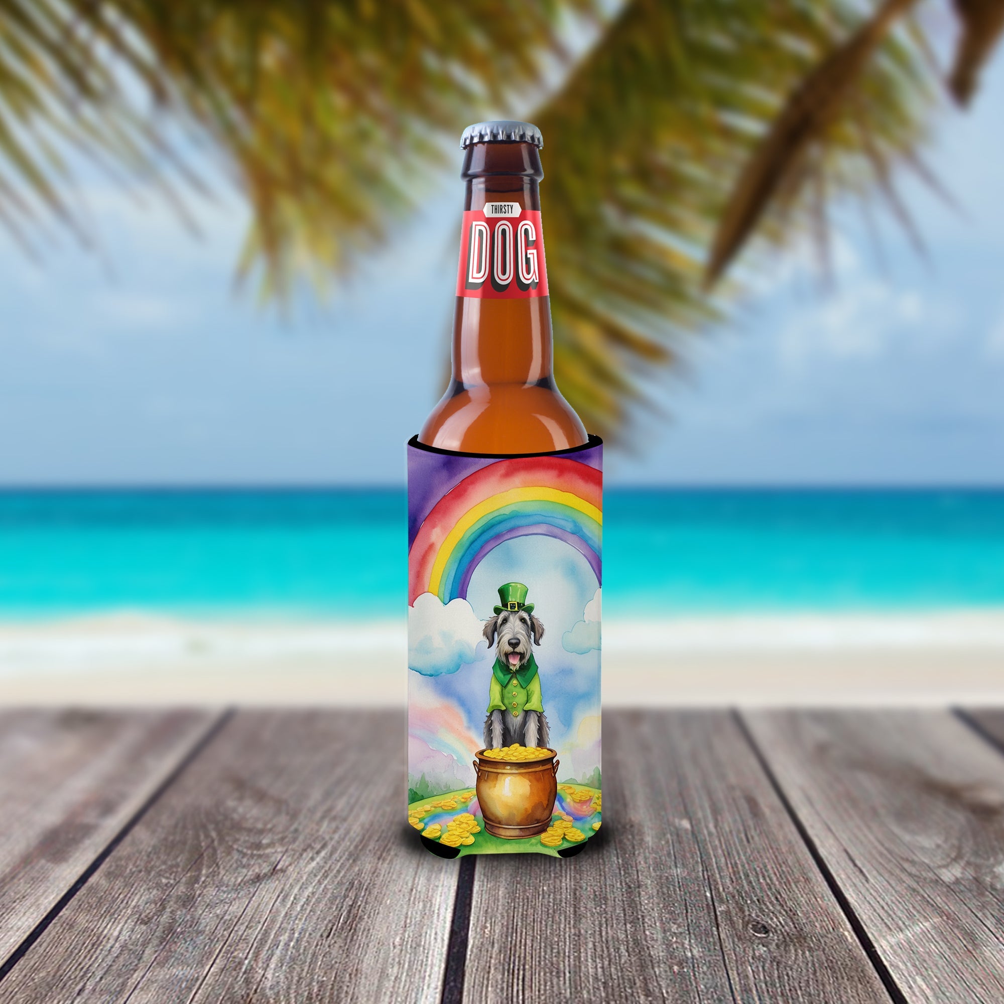 Irish Wolfhound St Patrick's Day Slim Can Hugger , Insulated Foam Hugger for 12 oz Slim Cans, Beer Bottles & Water Bottles, Printed in USA
