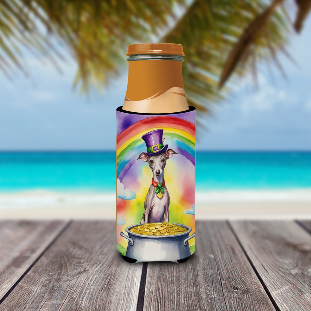 Italian Greyhound St Patrick's Day Slim Can Hugger , Insulated Foam Hugger for 12 oz Slim Cans, Beer Bottles & Water Bottles, Printed in USA