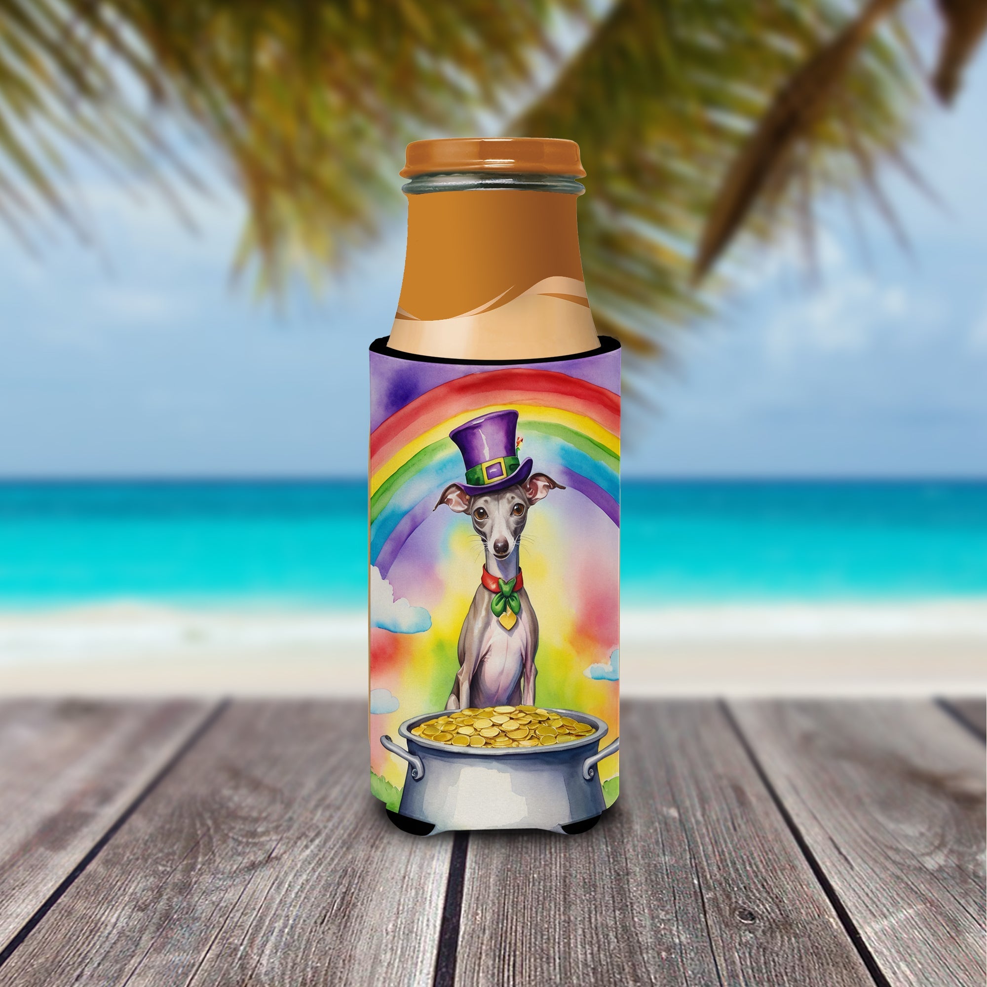 Italian Greyhound St Patrick's Day Slim Can Hugger , Insulated Foam Hugger for 12 oz Slim Cans, Beer Bottles & Water Bottles, Printed in USA