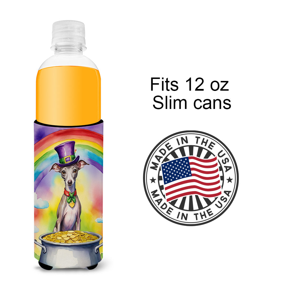 Italian Greyhound St Patrick's Day Slim Can Hugger , Insulated Foam Hugger for 12 oz Slim Cans, Beer Bottles & Water Bottles, Printed in USA