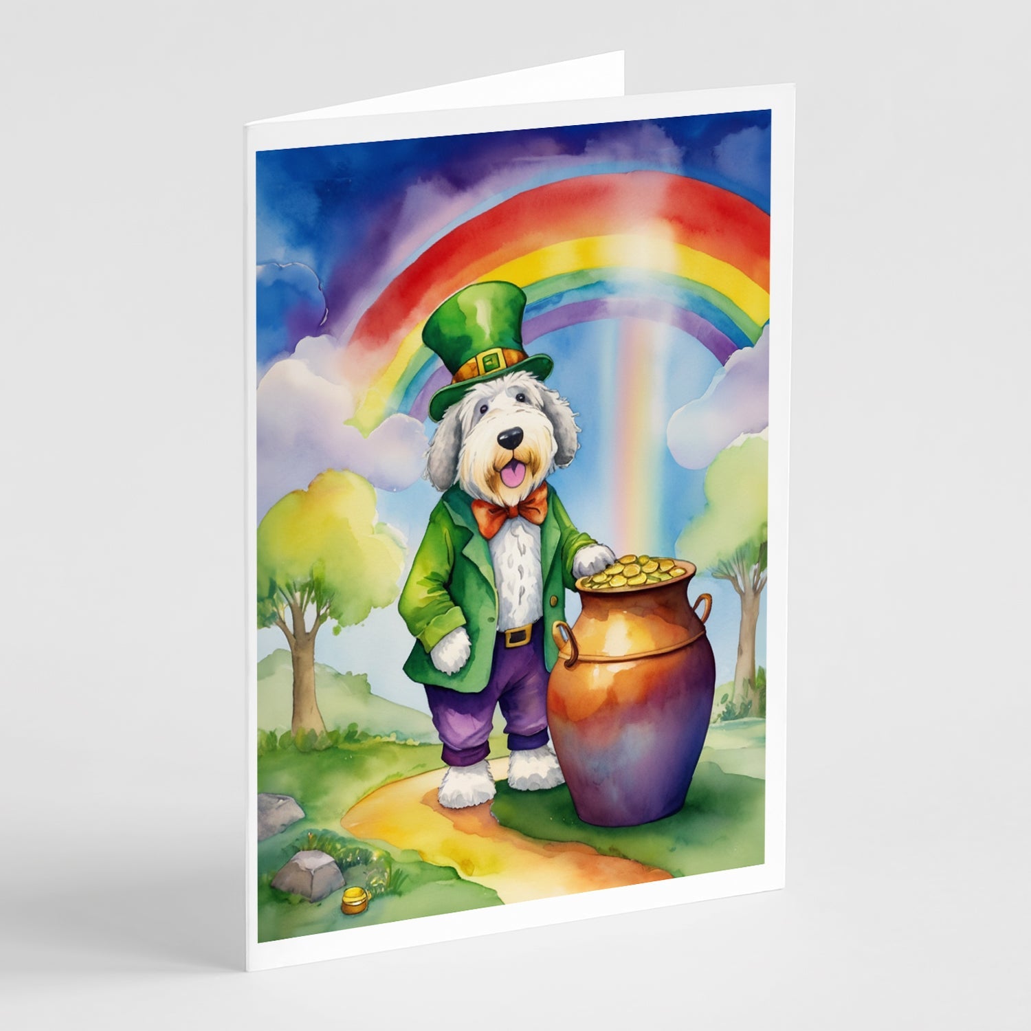 Old English Sheepdog St Patrick's Day Greeting Cards Pack of 8 Blank Cards with Envelopes Whimsical A7 Size 5x7