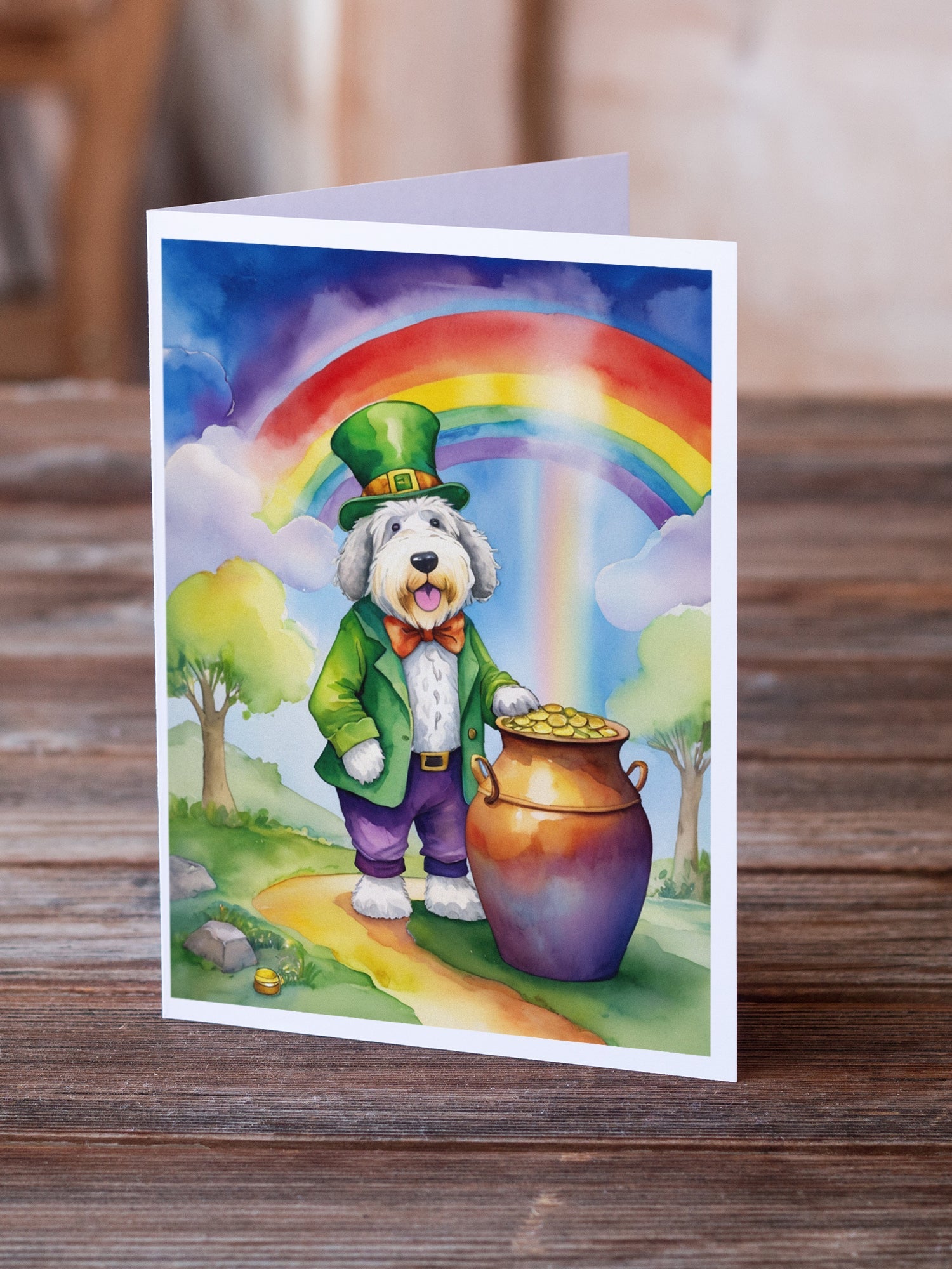 Old English Sheepdog St Patrick's Day Greeting Cards Pack of 8 Blank Cards with Envelopes Whimsical A7 Size 5x7