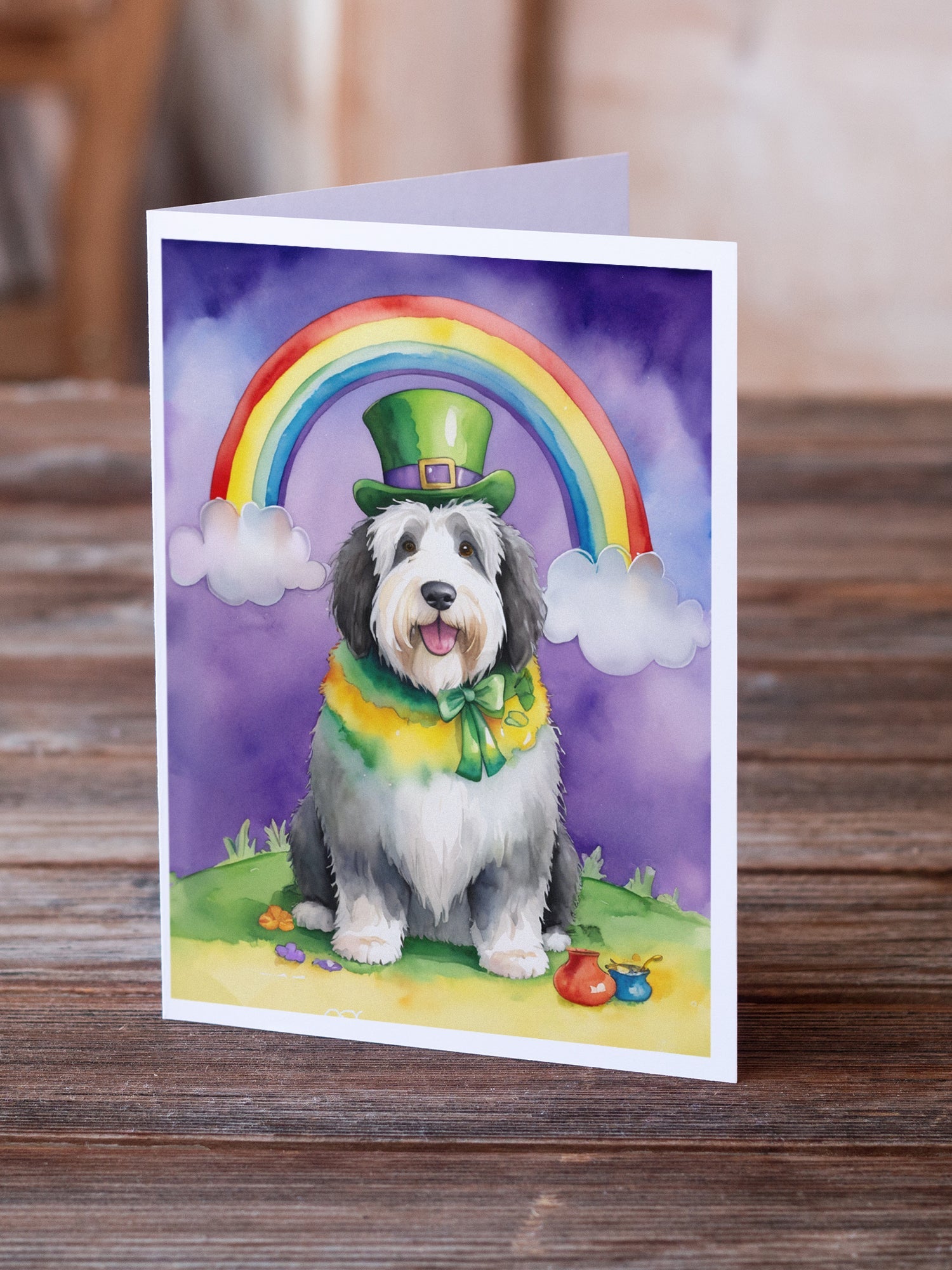Old English Sheepdog St Patrick's Day Greeting Cards Pack of 8 Blank Cards with Envelopes Whimsical A7 Size 5x7