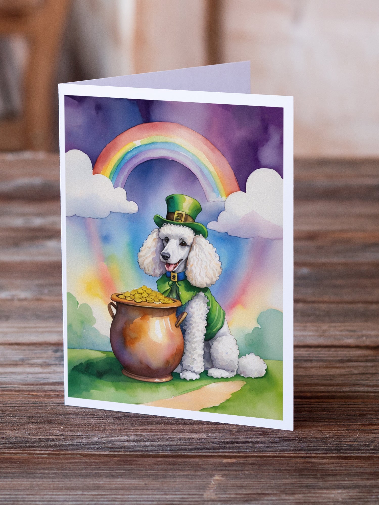 White Poodle St Patrick's Day Greeting Cards Pack of 8 Blank Cards with Envelopes Whimsical A7 Size 5x7