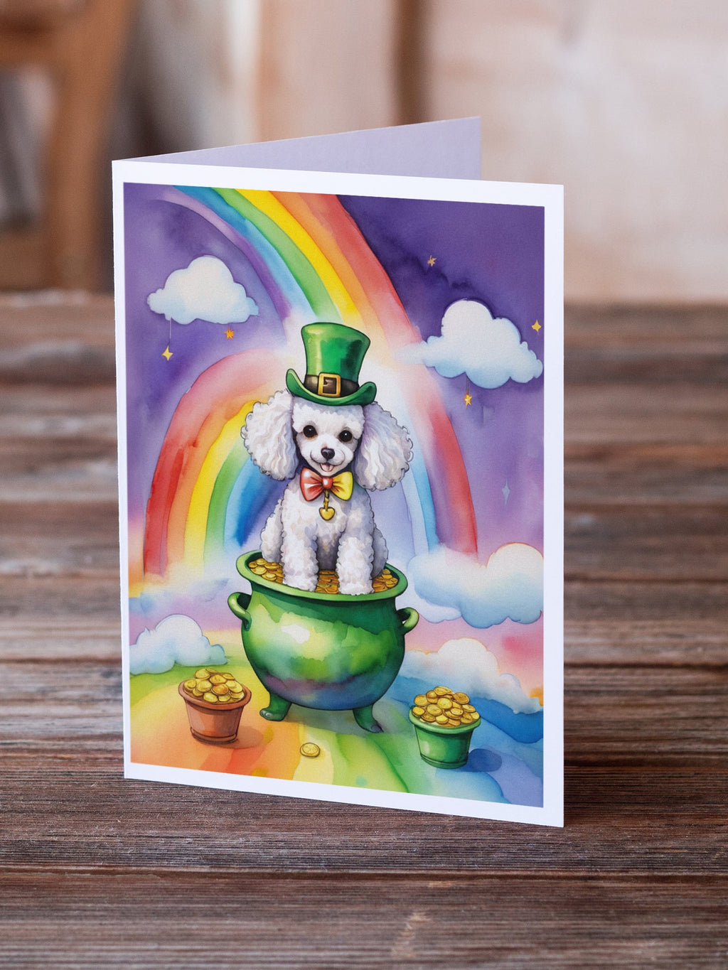 White Poodle St Patrick's Day Greeting Cards Pack of 8 Blank Cards with Envelopes Whimsical A7 Size 5x7