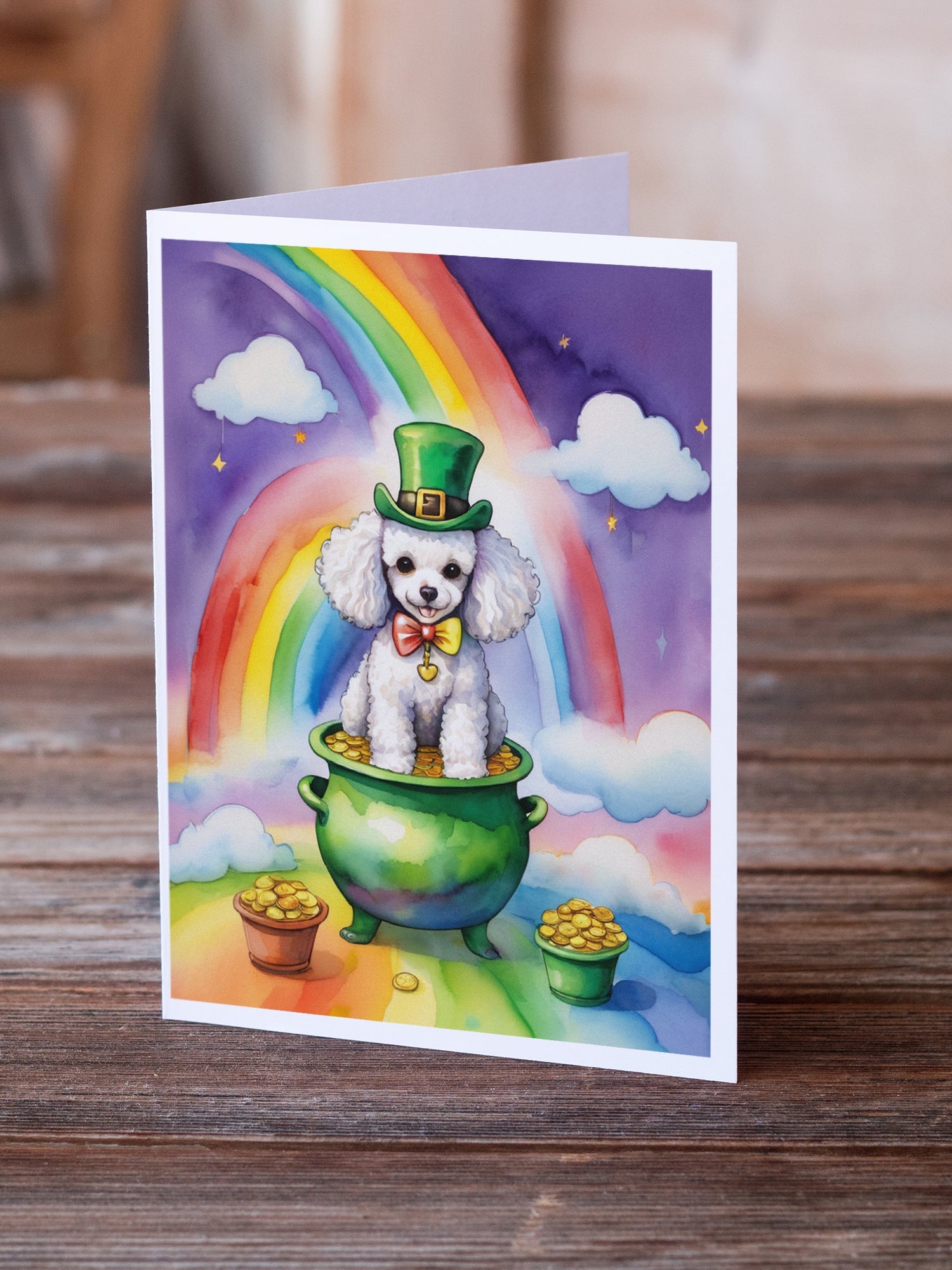 White Poodle St Patrick's Day Greeting Cards Pack of 8 Blank Cards with Envelopes Whimsical A7 Size 5x7
