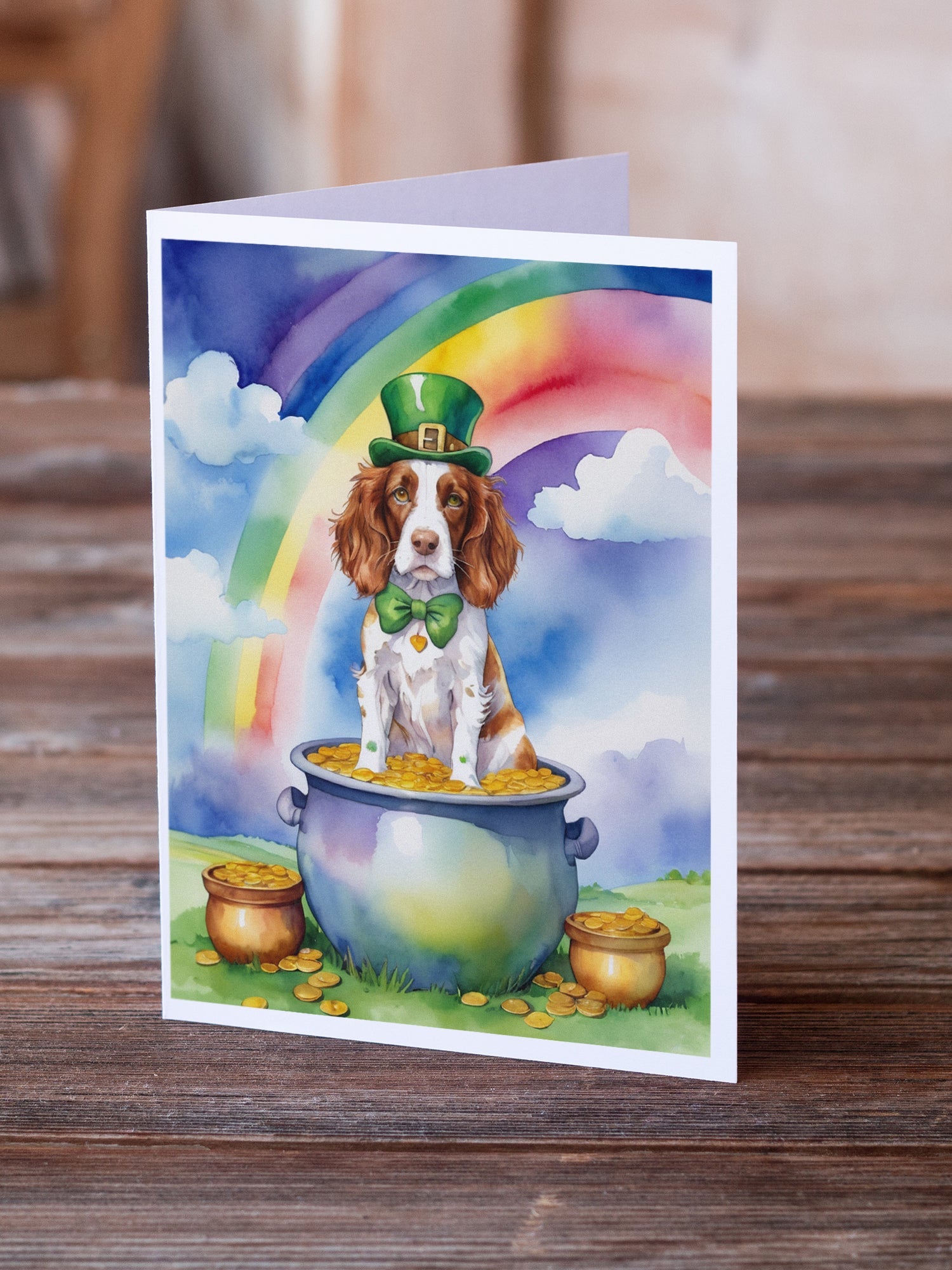 Welsh Springer Spaniel St Patrick's Day Greeting Cards Pack of 8 Blank Cards with Envelopes Whimsical A7 Size 5x7