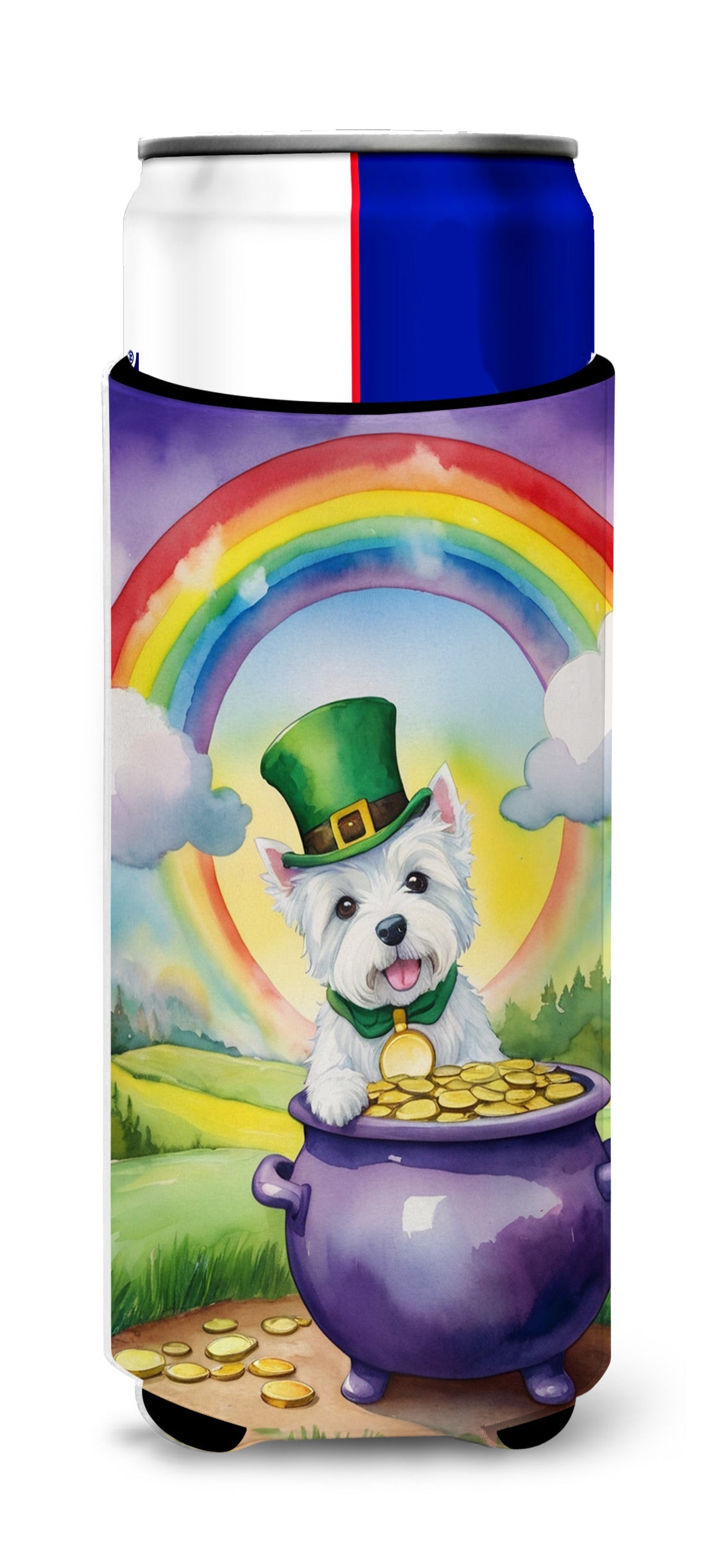 Westie St Patrick's Day Slim Can Hugger , Insulated Foam Hugger for 12 oz Slim Cans, Beer Bottles & Water Bottles, Printed in USA