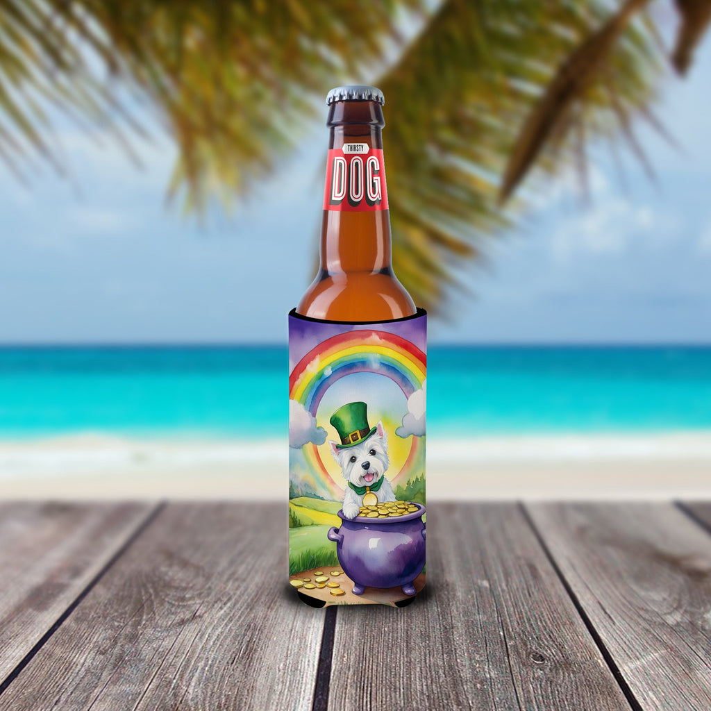 Westie St Patrick's Day Slim Can Hugger , Insulated Foam Hugger for 12 oz Slim Cans, Beer Bottles & Water Bottles, Printed in USA