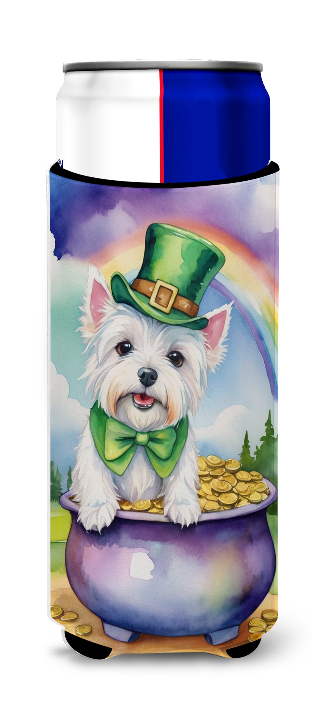 Westie St Patrick's Day Slim Can Hugger , Insulated Foam Hugger for 12 oz Slim Cans, Beer Bottles & Water Bottles, Printed in USA