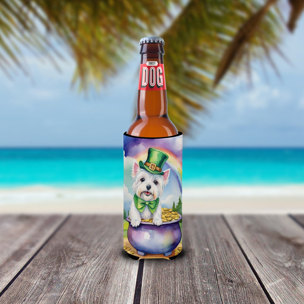 Westie St Patrick's Day Slim Can Hugger , Insulated Foam Hugger for 12 oz Slim Cans, Beer Bottles & Water Bottles, Printed in USA